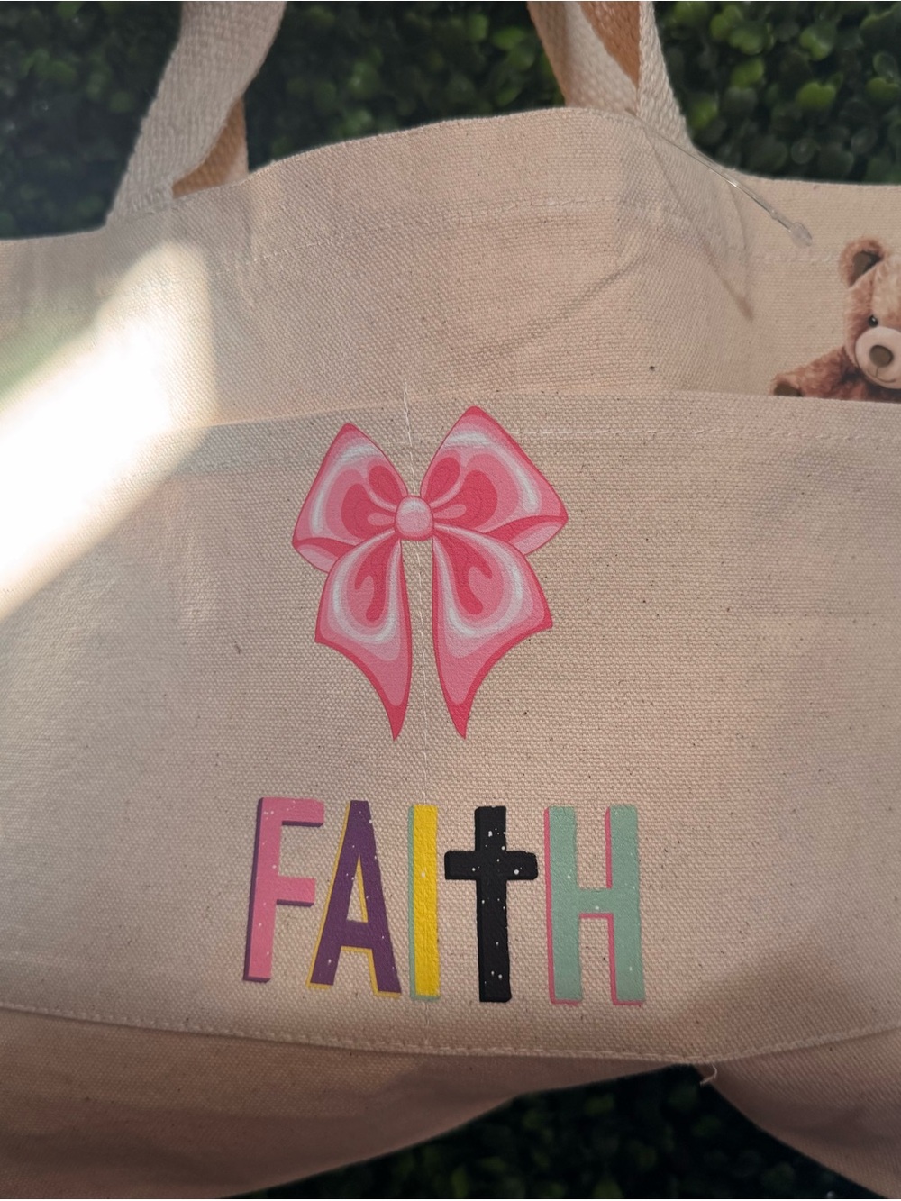 Kids Canvas Tote Bag with Pink Bow and Multicolor FAITH Print
